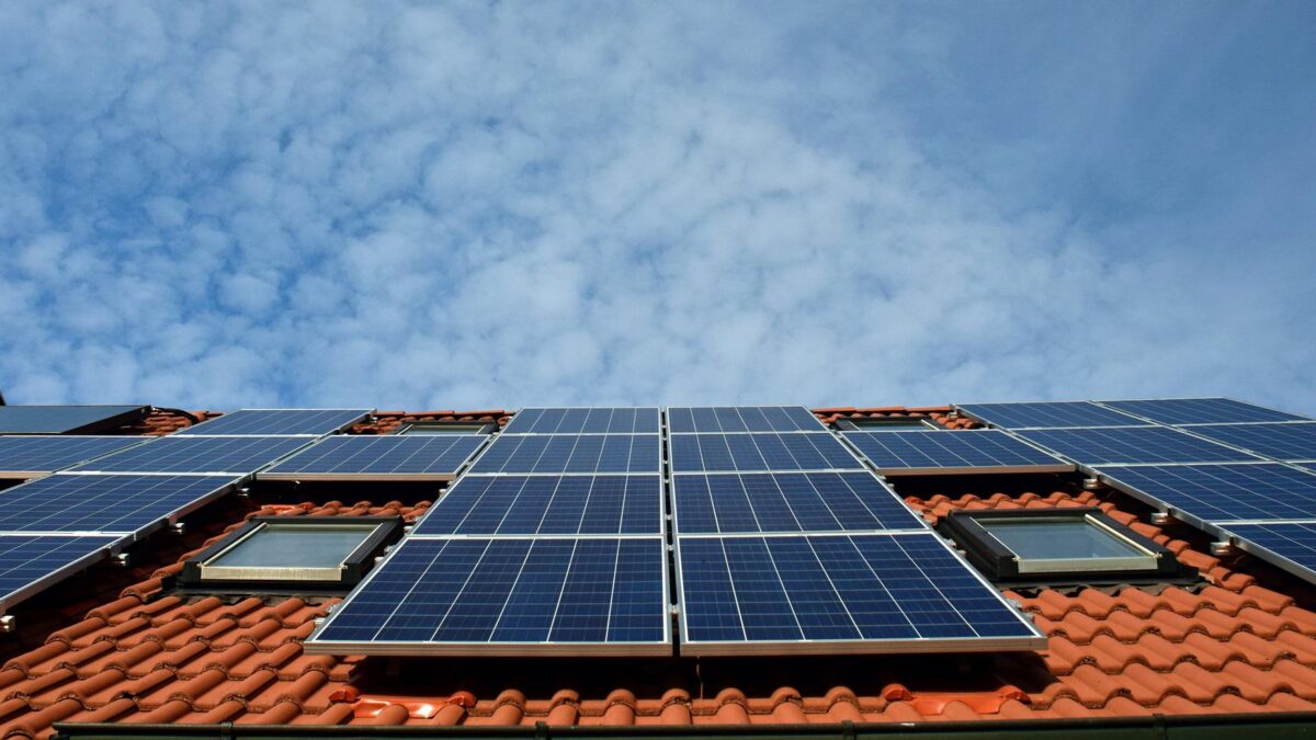 Roof of a building fitted with solar panels